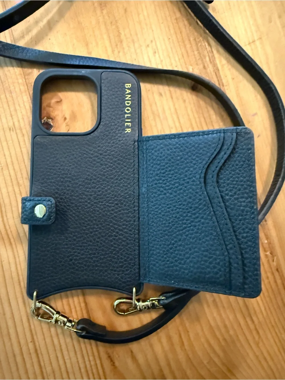 Bandolier Black Leather Crossbody Wallet Case with Gold Hardware and strap